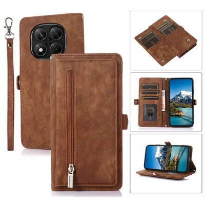 For Xiaomi Redmi Note 14 Pro 4G Case Zipper Pocket 9 Card Slots PU Leather Phone Cover with Wrist Strap - Brown
