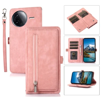 For Xiaomi Redmi K80 Pro 5G / Poco F7 Ultra 5G Case Zipper Pocket 9 Card Slots PU Leather Phone Cover with Wrist Strap - Rose Gold