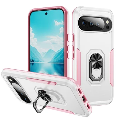 For Google Pixel 10 Pro XL Case Military Grade Ring Kickstand PC + TPU Phone Cover - White + Pink