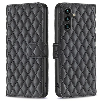 BINFEN COLOR BF Style-14 for Samsung Galaxy A14 5G / A14 4G Phone Wallet Case Rhombus Pattern PU Leather Flip Stand Cover - Black