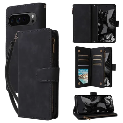 For Google Pixel 10 Pro XL / 9 Pro XL Case Zipper Wallet Multiple Card Slots Leather Phone Cover with Wrist Strap - Black