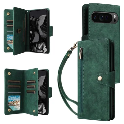 For Google Pixel 10 Pro XL / 9 Pro XL Case Zipper Wallet Rivet Decor Leather Phone Cover with Wrist Strap - Green