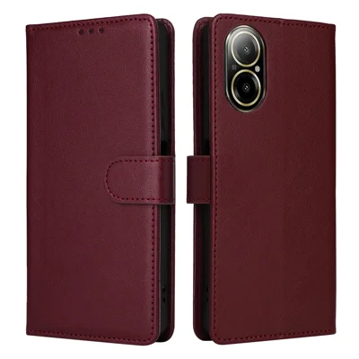 For Realme C67 4G / 12 Lite 4G Case Wallet Stand View PU Leather Phone Cover with Wrist Strap - Wine Red