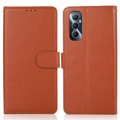 For Realme C65 4G Case Wallet Stand View PU Leather Phone Cover with Wrist Strap - Brown