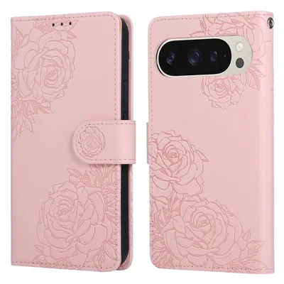 For Google Pixel 10 Pro XL / 9 Pro XL Case Rose Flower PU Leather Wallet Phone Cover with 3 Card Slots / Wrist Strap - Rose Gold