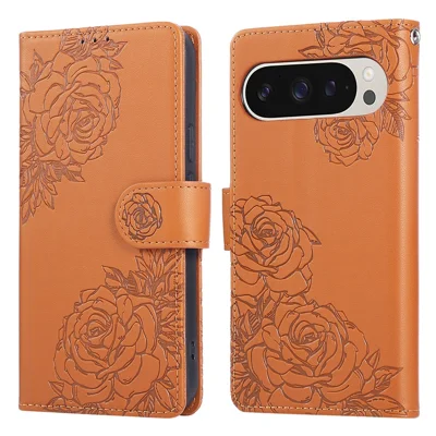 For Google Pixel 10 Pro XL / 9 Pro XL Case Rose Flower PU Leather Wallet Phone Cover with 3 Card Slots / Wrist Strap - Brown