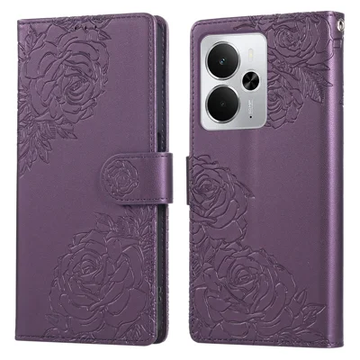 Phone For Realme 14 5G / Neo7x 5G / P3 5G / 14T 5G , Case Rose Flower PU Leather Wallet Cover with 3 Card Slots / Wrist Strap - Dark Purple