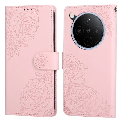 For Oppo Find X8 5G Case Rose Flower PU Leather Wallet Phone Cover with 3 Card Slots / Wrist Strap - Rose Gold