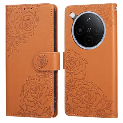 For Oppo Find X8 Pro 5G Case Rose Flower PU Leather Wallet Phone Cover with 3 Card Slots / Wrist Strap - Brown