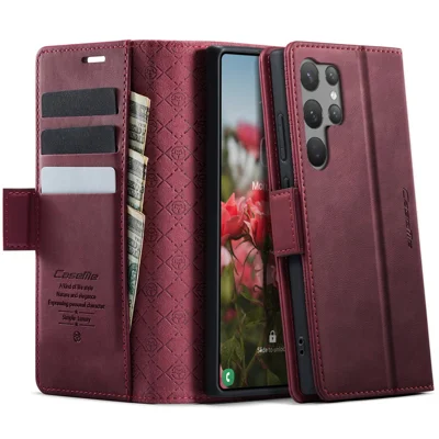 CASEME 033 Series For Samsung Galaxy S23 Ultra Case RFID Blocking Wallet Stand Calf Texture Leather Phone Cover - Red