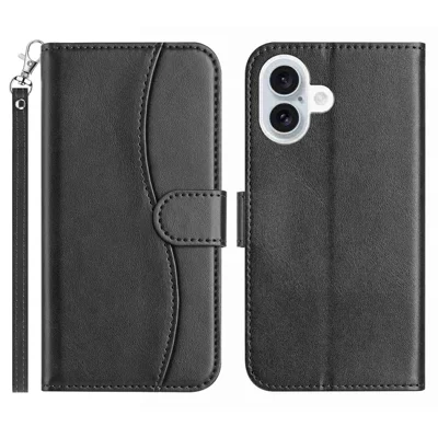 Stand Case for iPhone 17 PU Leather Wallet Phone Cover S Shape Stitching Design with Strap - Black