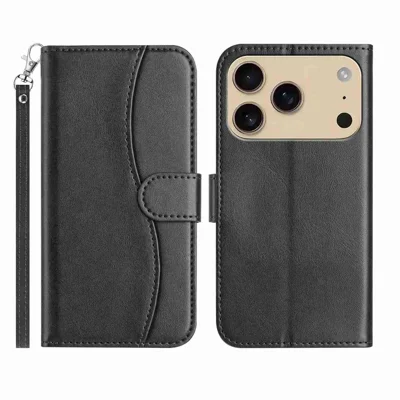 Stand Case til iPhone 17 Pro Max PU Læder Wallet Telefonbeskyttelse med S-formet Syning og Rem - Sort