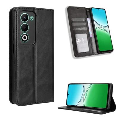 For Oppo A5 4G Leather Case Wallet Stand Retro Texture Phone Cover - Black