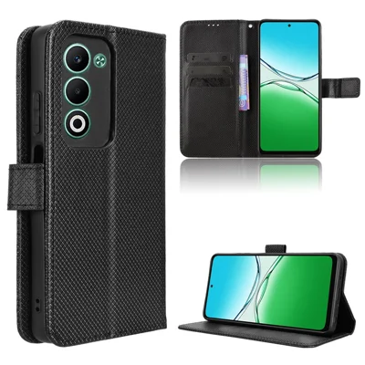For Oppo A5 5G / Oppo A5 4G Leather Wallet Case with Strap Diamond Texture Phone Cover - Black
