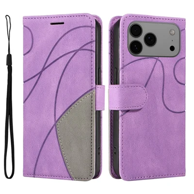 For iPhone 18 Pro Max / 17 Pro Max Leather Phone Case Stand Wallet with Bi-colour Splicing Design - Purple