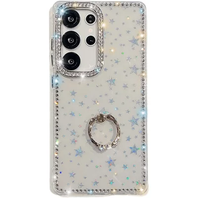 For Samsung Galaxy S25 Ultra Case with Ring Kickstand Rhinestone Edge TPU + PC IMD Phone Cover - Starry Transparent