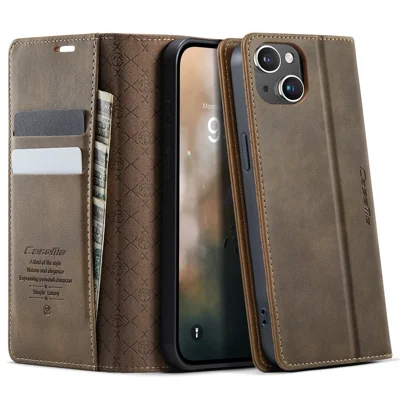 CASEME For iPhone 14 Plus Case  033 Series RFID Blocking Wallet Stand Calf Texture Leather Phone Cover - Coffee