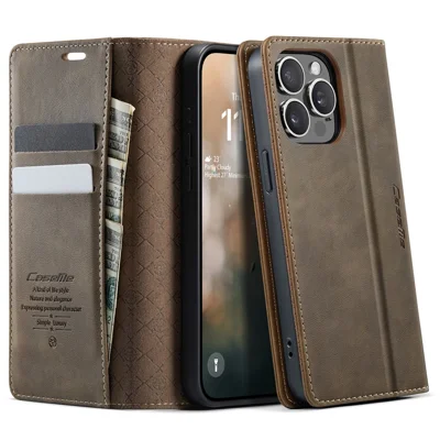 CASEME For iPhone 14 Pro Max Case  033 Series RFID Blocking Wallet Stand Calf Texture Leather Phone Cover - Coffee