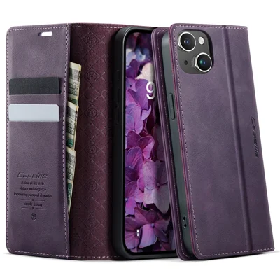 CASEME For iPhone 15 Plus Case  033 Series RFID Blocking Wallet Stand Calf Texture Leather Phone Cover - Purple