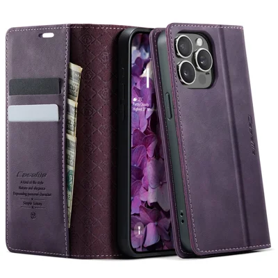 For iPhone 15 Pro Case CASEME 033 Series RFID Blocking Wallet Stand Calf Texture Leather Phone Cover - Paars