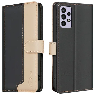 BINFEN COLOR BF33 Leather Case For Samsung Galaxy A52s 5G  /  A52 5G  /  A52 4G Splicing Color RFID Blocking Wallet Stand Phone Cover - Black