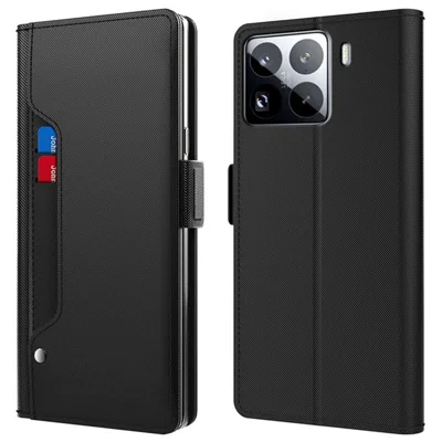Obudowa na Xiaomi 15S Pro z funkcją stojaka, pokrowiec z syntetycznej skóry PU z uchwytem na karty i lustrem - Czarny