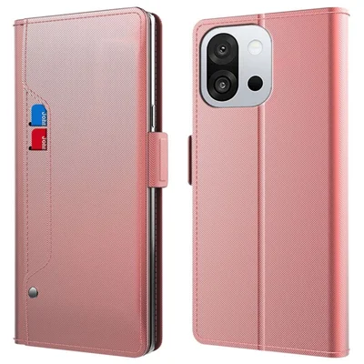 For OnePlus 13T 5G Case Stand PU Leather Phone Cover Card Holder Mirror - Rose Gold