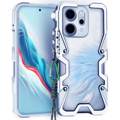 For Oppo Reno14 5G (Global) Bumper Case Aluminium Alloy Metal Phone Shell Cover with Strap - Silver