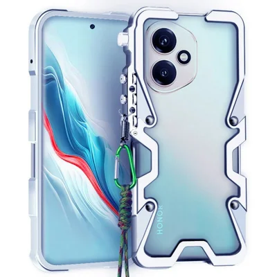 For Honor 400 5G (Global) Bumper Case Aluminium Alloy Metal Phone Shell Cover with Strap - Silver