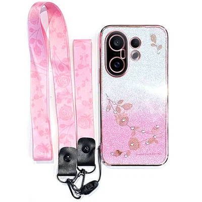 KADEM For vivo S30 Pro mini 5G Case Flower Pattern TPU Gradient Phone Cover with Lanyards - Rose Gold