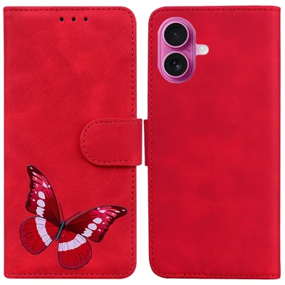 For iPhone 17 Stand Case PU Leather Phone Cover Butterfly Printed - Red