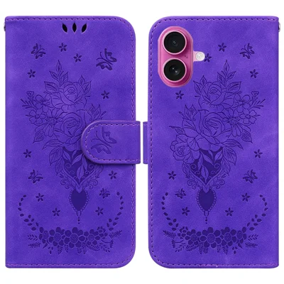 For iPhone 17 Case PU Leather Wallet Phone Cover Butterfly Flower Imprint with Strap - Purple