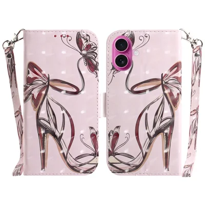 For iPhone 17 Case Pattern Printing Leather Wallet Phone Cover with Wrist Strap - Butterfly High Heels