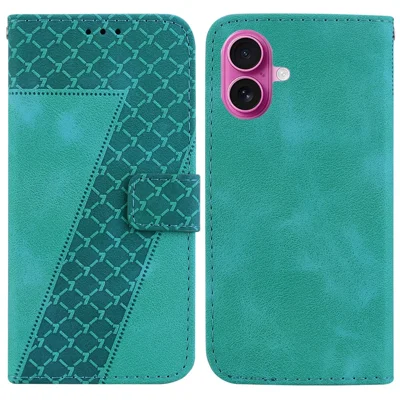 For iPhone 17 Stand Case 7-Shaped Pattern Imprint Leather Phone Cover with Strap - Green