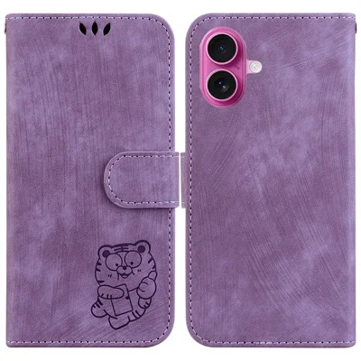 For iPhone 17 Wallet Case Tiger Imprint Leather Shockproof Phone Cover with Wrist Strap - Purple