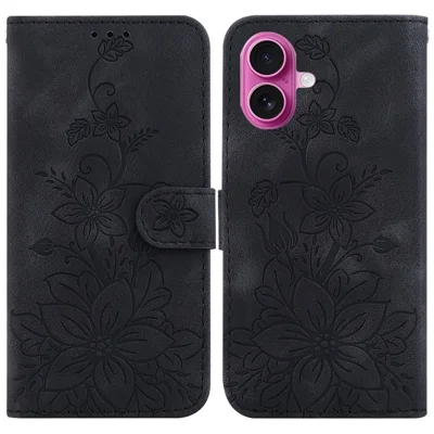 For iPhone 17 Stand Case Lily Flower Imprint Leather Phone Cover with Wrist Strap - Black