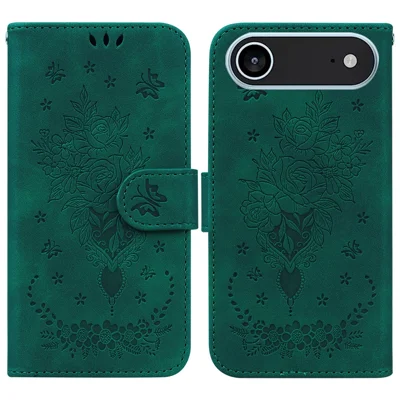 For iPhone Air Case Butterfly Flower Imprint PU Leather Wallet Phone Cover with Strap - Green