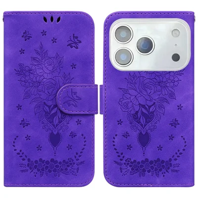 For iPhone 18 Pro / 17 Pro Case Butterfly Flower Imprint PU Leather Wallet Phone Cover with Strap - Purple