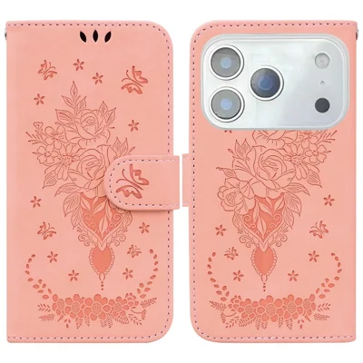 For iPhone 18 Pro / 17 Pro Case Butterfly Flower Imprint PU Leather Wallet Phone Cover with Strap - Pink