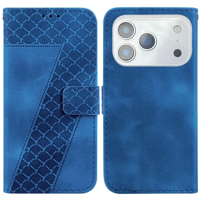 For iPhone 18 Pro / 17 Pro Stand Case 7-Shaped Pattern Imprint Leather Phone Cover with Strap - Dark Blue