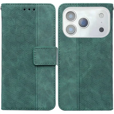 For iPhone 17 Pro Max Case Geometry Pattern Leather Wallet Phone Cover with Wrist Strap - Groen