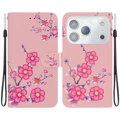 Til iPhone 17 Pro Max Wallet-telefonbeskyttelse mod fald Læder Flip Cover med trykt mønster og stropløsning - Sakura