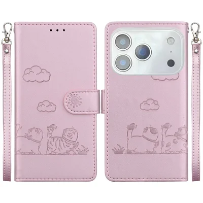 Til iPhone 17 Pro Max Case med RFID-blokerende kattemønster i TPU + PU-læder med håndledsrem - Pink