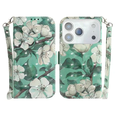 For iPhone 18 Pro Max / 17 Pro Max Case Pattern Printing Leather Wallet Phone Cover with Wrist Strap - Watercolor Flowers