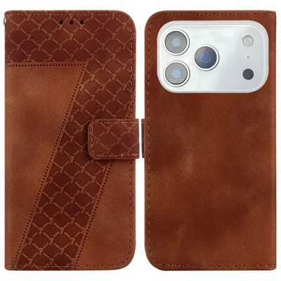 For iPhone 18 Pro Max / 17 Pro Max Stand Case 7-Shaped Pattern Imprint Leather Phone Cover with Strap - Brown