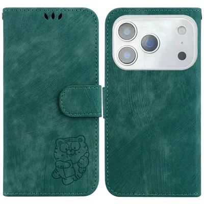 For iPhone 18 Pro Max / 17 Pro Max Wallet Case Tiger Imprint Leather Shockproof Phone Cover with Wrist Strap - Green