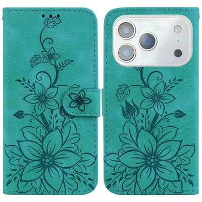 For iPhone 17 Pro Max Stand Case met Leliebloemprint Lederen Telefoonhoes met Polsbandje - Groen