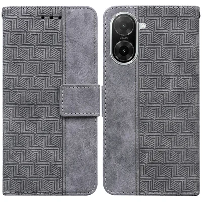 For Xiaomi Redmi A5 4G (171.7mm) / Poco C71 4G Case Geometry Pattern Leather Wallet Phone Cover with Wrist Strap - Grey