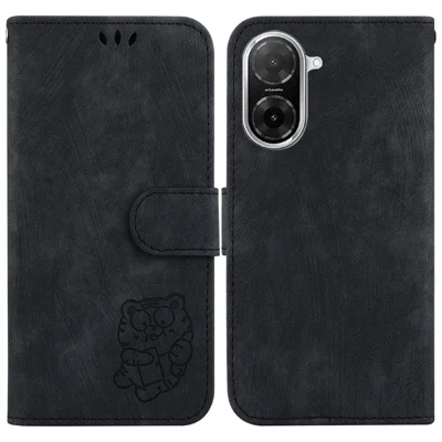 For Xiaomi Redmi A5 4G (171.7mm) / Poco C71 4G Wallet Case Tiger Imprint Leather Shockproof Phone Cover with Wrist Strap - Black
