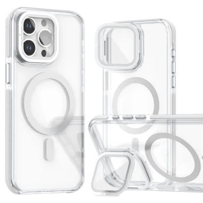 For iPhone 15 Pro Magnetic Case TPU Acrylic Clear Phone Back Cover with Lens Protector Kickstand - White